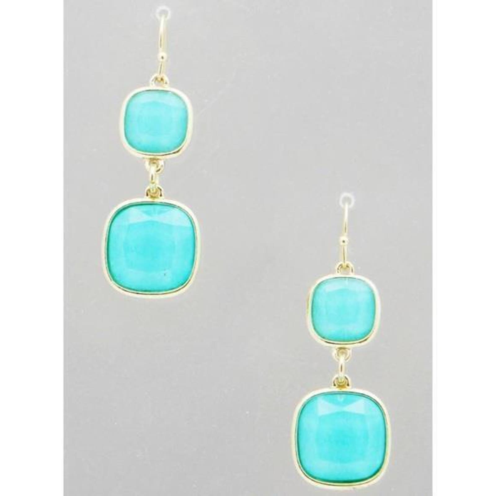 New Boutique Turquoise Square Stones Gold Dangle Drop Hook Earrings